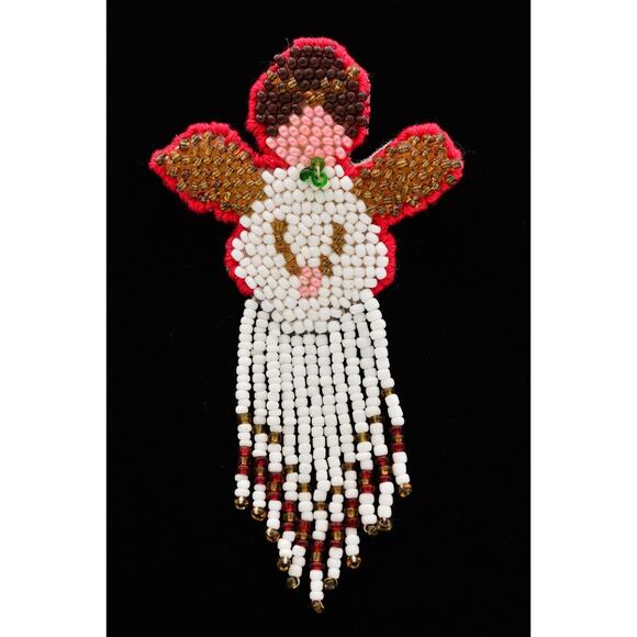Vintage Angel Pin Brooch Beaded Dangle Fringe Fabric Christmas 1990s BinAT - Picture 1 of 12